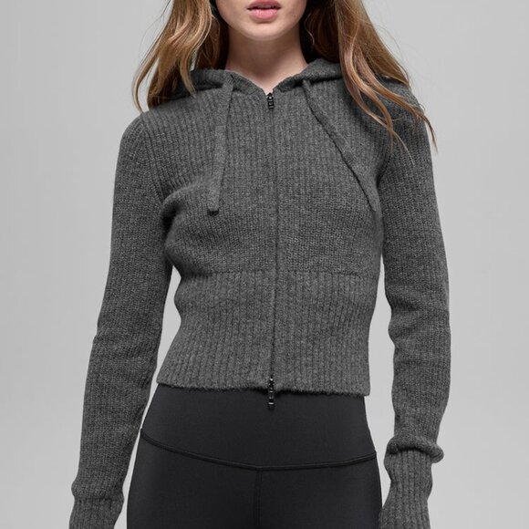 Alo Yoga Cashmere Ribbed Noble Full Zip Hoodie Platinum Grey - Picture 4 of 4